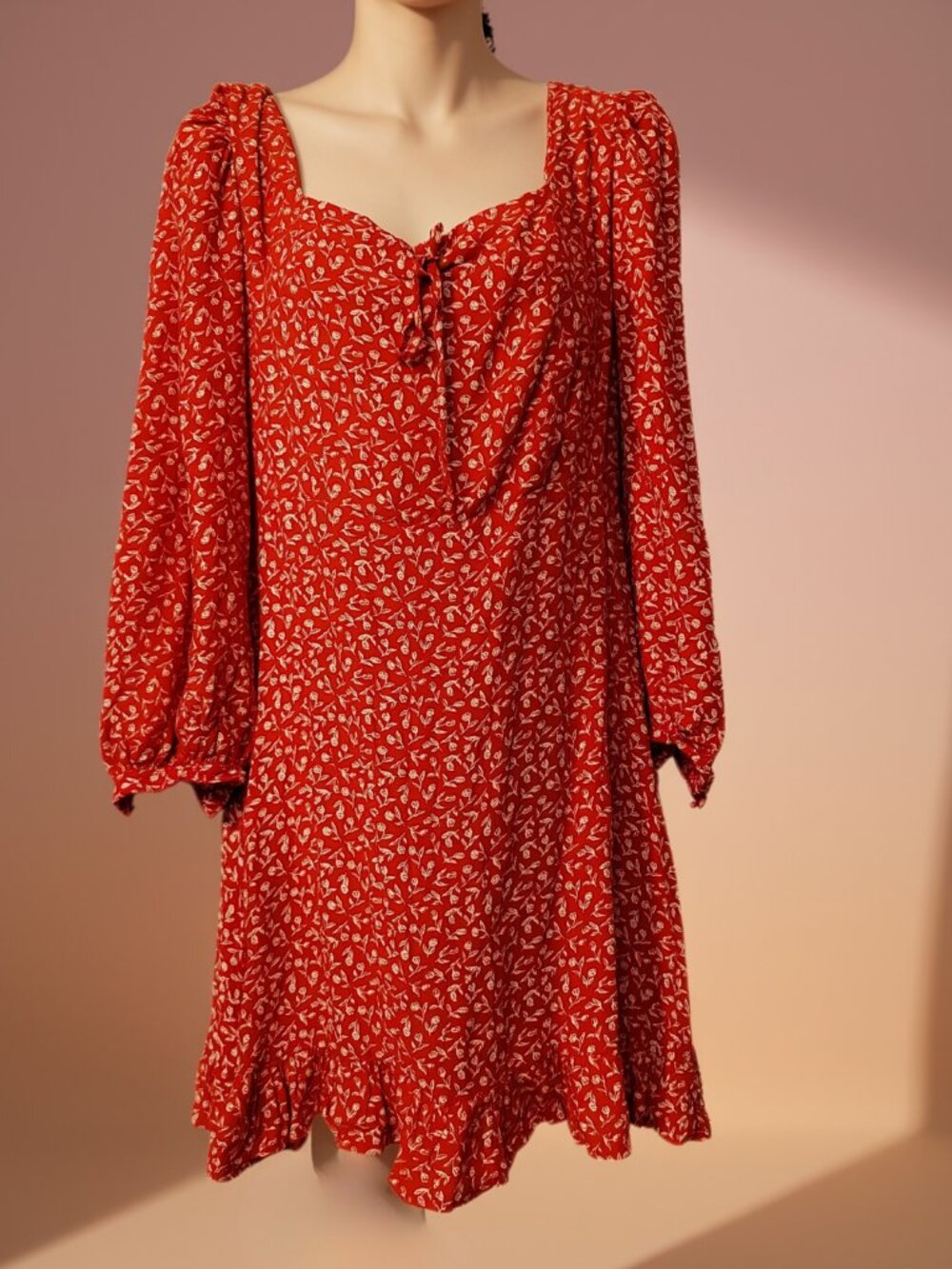 Faithfull the Brand Red Floral Long Sleeve Mini Dress Sweetheart Tie Bust Small